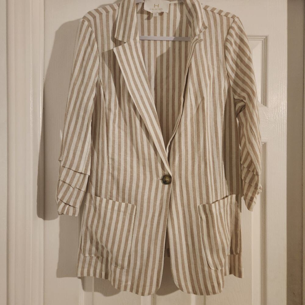 Halston Women's Blazer Linen Tan Andbwhite Striped M